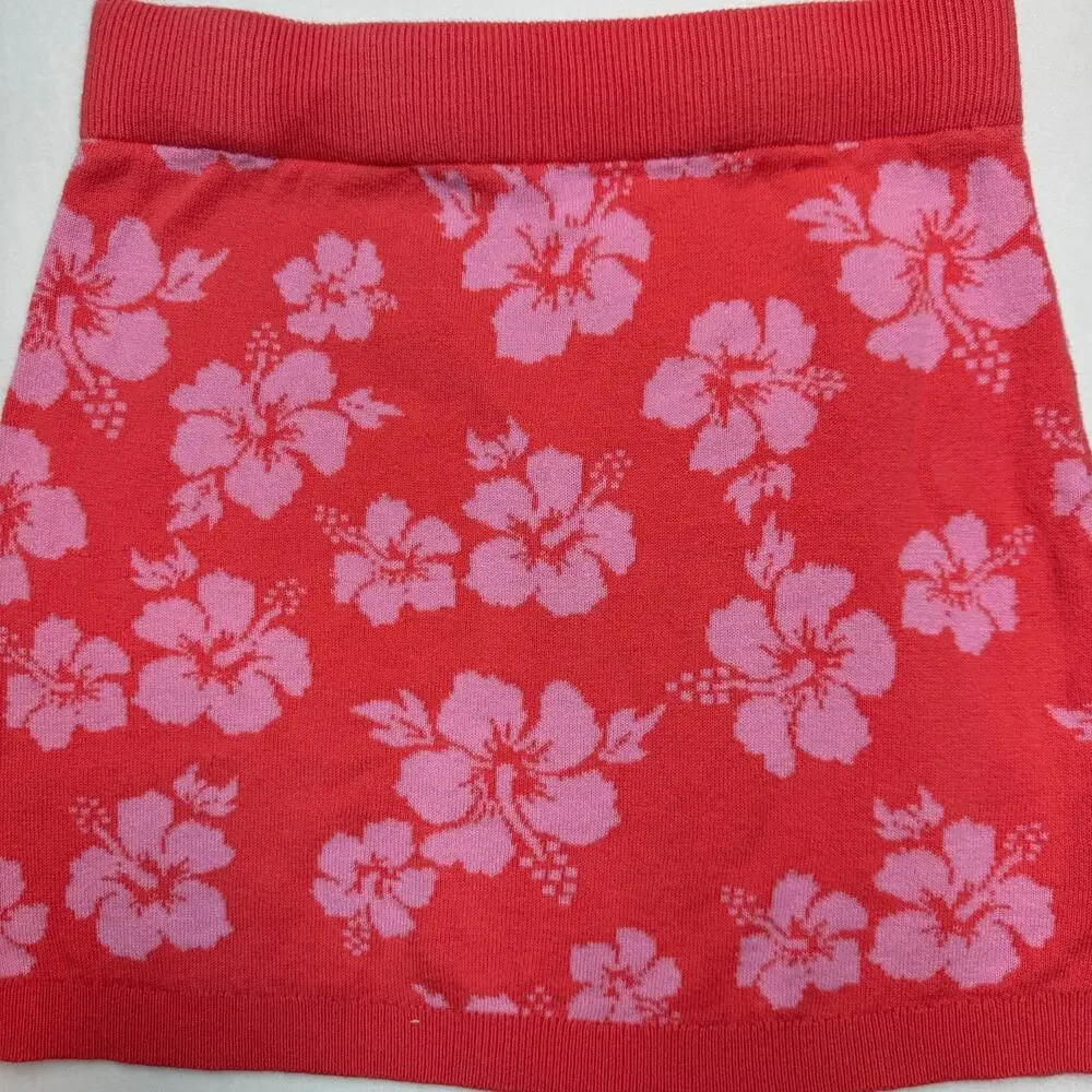 Art Class Hibiscus Knit Mini Skirt L 10/12 Red Pink Floral Y2K Coconut Girl Boho - Picture 4 of 10